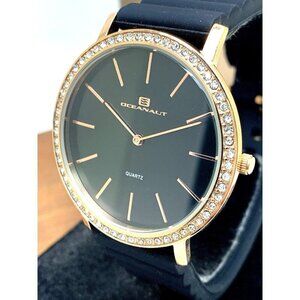 Oceanaut Womens Watch OC0265 Quartz Rose Gold Black Dial Gemmed Rubber Band 40mm